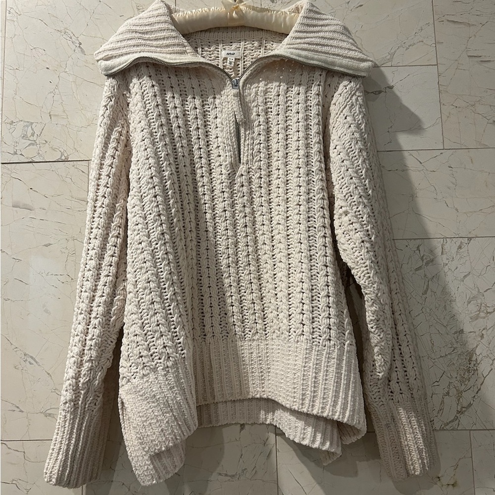 aerie cable knit quarter zip cream